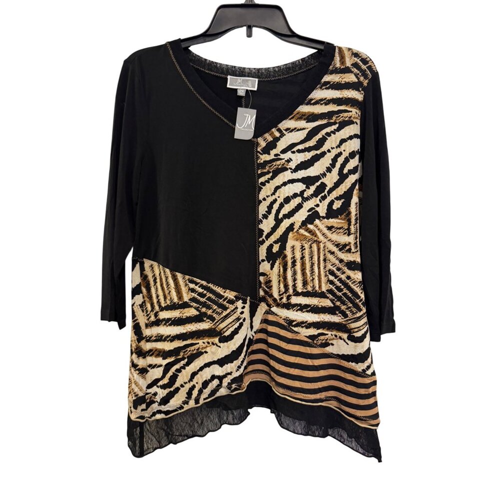 JM Collection Petite Womens 3/4 Sleeve Black V-Neck Asymmetrical Top PM Animal P